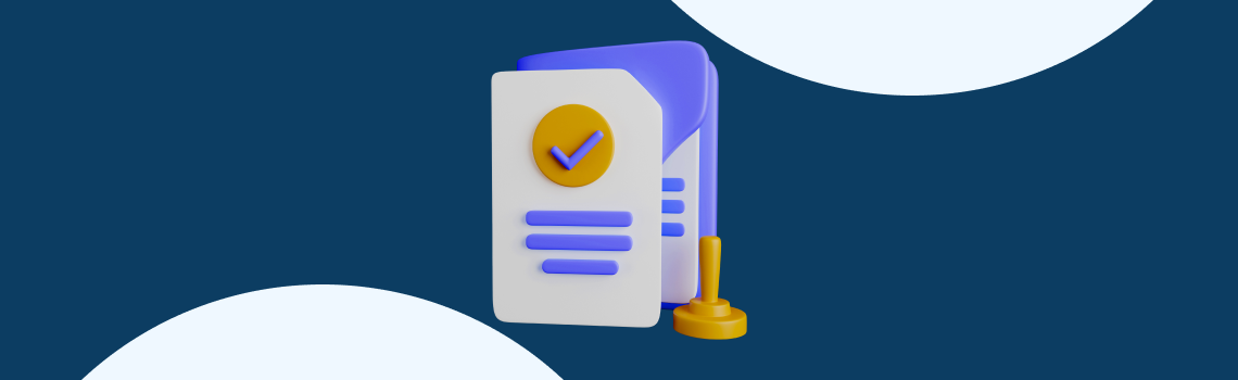 Ilustração 3D de documento com marca de verificação e selo, representando a Nota 5 no MEC na graduação em Direito.