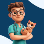 Ilustração de um veterinário sorridente com estetoscópio segurando um gato no colo, representando a rotina de um veterinário com pets.