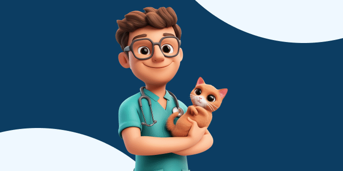 Ilustração de um veterinário sorridente com estetoscópio segurando um gato no colo, representando a rotina de um veterinário com pets.