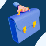 Ilustração 3D de uma mão segurando uma maleta azul, representando carreira, empregabilidade e conexão com o mercado de trabalho.