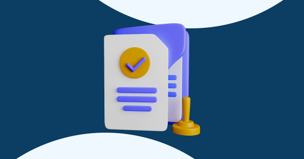 Ilustração 3D de documento com marca de verificação e selo, representando a Nota 5 no MEC na graduação em Direito.