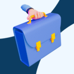 Ilustração 3D de uma mão segurando uma maleta azul, representando carreira, empregabilidade e conexão com o mercado de trabalho.