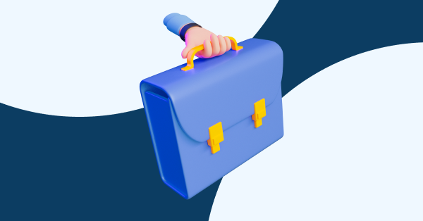 Ilustração 3D de uma mão segurando uma maleta azul, representando carreira, empregabilidade e conexão com o mercado de trabalho.