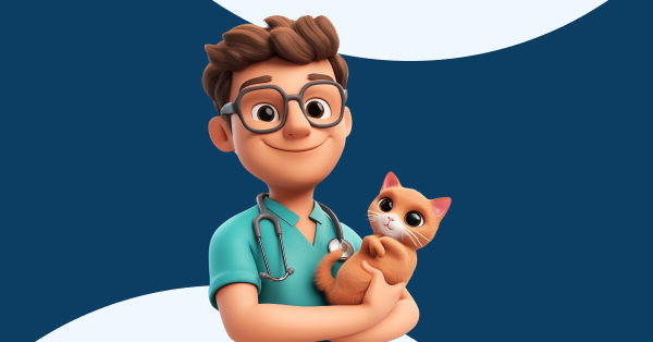 Ilustração de um veterinário sorridente com estetoscópio segurando um gato no colo, representando a rotina de um veterinário com pets.