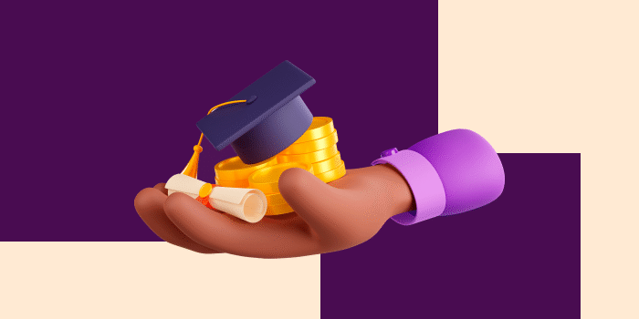 Ilustração 3D de uma mão segurando um capelo de formatura, moedas douradas e um diploma, representando o equilíbrio entre estudos, carreira e sucesso financeiro.