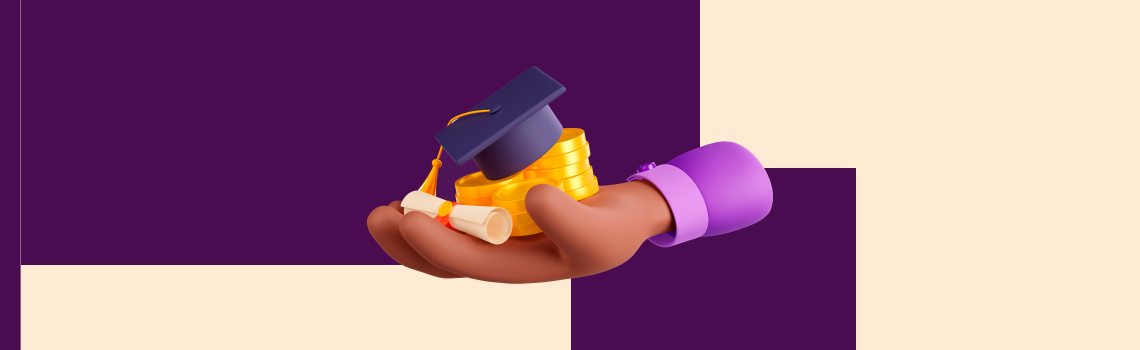 Ilustração 3D de uma mão segurando um capelo de formatura, moedas douradas e um diploma, representando o equilíbrio entre estudos, carreira e sucesso financeiro.