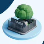 Ilustração 3D da unidade da FAMA com árvore e estrutura institucional, representando ensino superior em Anápolis.