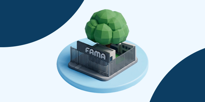 Ilustração 3D da unidade da FAMA com árvore e estrutura institucional, representando ensino superior em Anápolis.