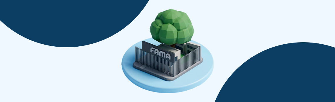 Ilustração 3D da unidade da FAMA com árvore e estrutura institucional, representando ensino superior em Anápolis.