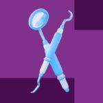 Ilustração 3D em tons de azul de um espelho clínico e uma sonda exploradora cruzados sobre um fundo roxo geométrico, representando materiais básicos de odontologia.